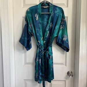 Inner Most Vintage Satin Teal Floral Kimono Robe Medium